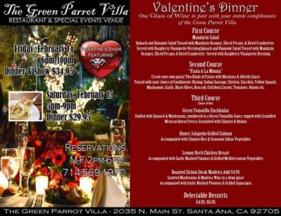 Green Parrot, Valentine's Dinner Menu