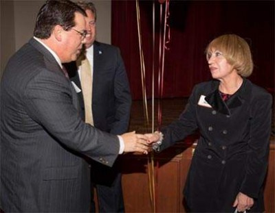 Supervisor Nelson congratulating Blanca Ibarra, who was named Employee of the Year