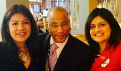 SAUSD School Board candidates Angie Cano and Cecilia Iglesias, pictured with State Senate employee Everett Rice