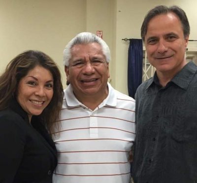 SAUSD School Board candidates Beatriz Mendoza and Bruce Bauer, pictured with Alfredo Amezcua